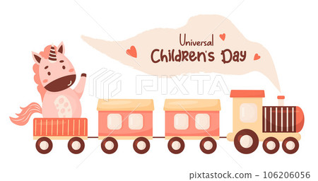 Children toy train with cute unicorn. Universal Childrens Day. Festive vector illustration. kids collection Children toy train with cute unicorn. Universal Childrens Day. Festive vector illustration. kids collection 106206056