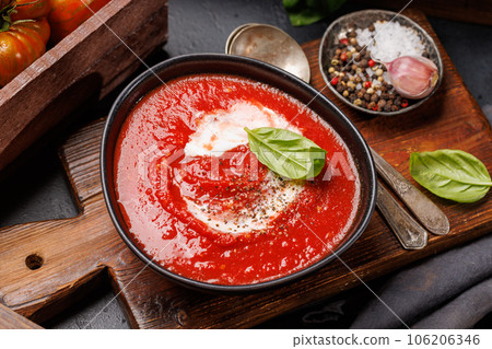 Refreshing homemade tomato gazpacho soup Refreshing homemade tomato gazpacho soup 106206346