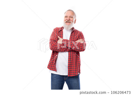 smiling satisfied 60 year old gray-haired pensioner man with a beard and mustache in a shirt 106206473