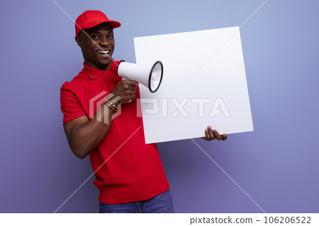 young american man dressed in a baseball cap and t-shirt uniform reporting the news on a poster young american man dressed in a baseball cap and t-shirt uniform reporting the news on a poster 106206522