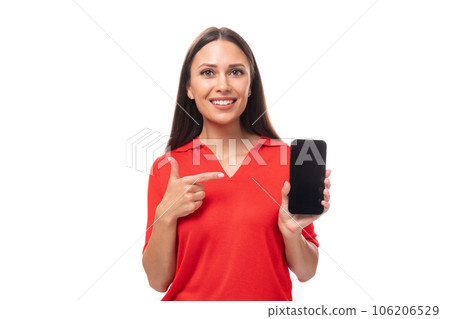 young caucasian brunette in red short sleeve shirt holding smartphone with screen mockup young caucasian brunette in red short sleeve shirt holding smartphone with screen mockup 106206529
