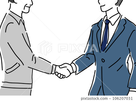 A simple line drawing of a man in work clothes shaking hands and a man in a suit (no face) 106207031