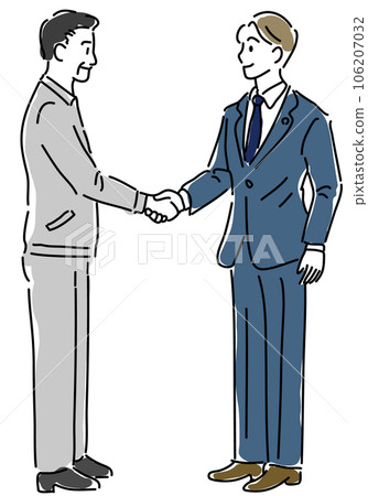 一個穿工作服的男人和一個穿西裝的男人握手的簡單線條畫（全身） 106207032