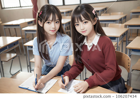 AI-generated image of two high school girls studying in a classroom AI-generated image of two high school girls studying in a classroom 106207434