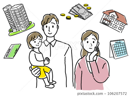 Simple line drawing of a young couple considering buying a house Simple line drawing of a young couple considering buying a house 106207572