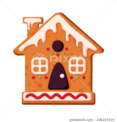 Gingerbread cookie house in cartoon style. Holiday winter symbol, festive treats. Christmas, winter homemade sweets in shape of house. Vector illustration isolated on a white background. 106207819