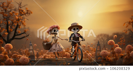 Eternal Love: Smiling Skeleton Couple on a Floral Bridge 106208329