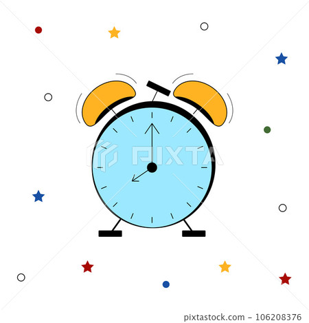 Retro alarm clock mechanical round with golden bells. Doodle Flat isolated Vector illustration. Retro alarm clock mechanical round with golden bells. Doodle Flat isolated Vector illustration. 106208376