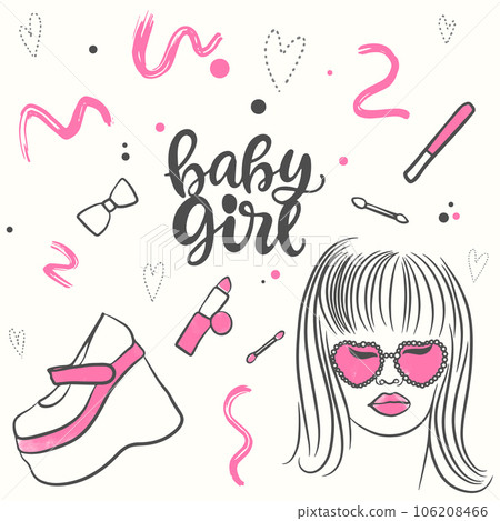 Portrait of a girl with glasses, pink doll accessories set in doodle 106208466