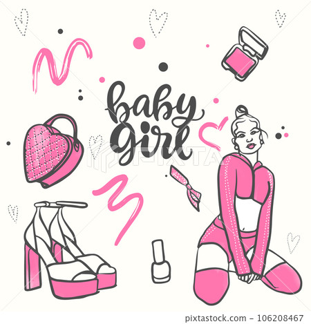 Fashion girl, pink doodle style doll accessories set 106208467