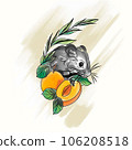 Stylish watercolor illustration in doodle style, mouse with apricot in leaves 106208518