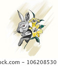 Watercolor lilies with beautiful rabbit in doodle style 106208530