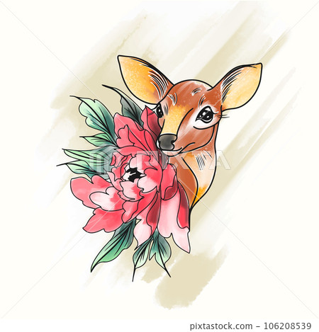 Cute deer with watercolor flower in doodle style Cute deer with watercolor flower in doodle style 106208539