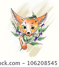 Watercolor fox with sprouts and olive berries in doodle 106208545