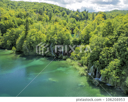 Aerial Summer view of water lakes and beautiful waterfalls in Plitvice Lakes National Park, Croatia Aerial Summer view of water lakes and beautiful waterfalls in Plitvice Lakes National Park, Croatia 106208953