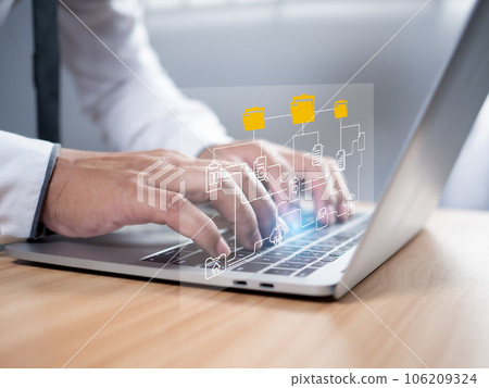 Folder document Management System DMS Open File folder with flying blank documents with computer. Data transfer backup, File Sharing, Document Transferring concept. searching and managing files. 106209324