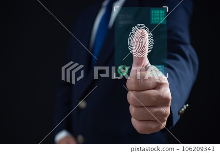 Businessman scan fingerprint biometric identity and approval. Secure access granted by valid fingerprint scan, Business Technology Safety Internet Network Concept, Business Technology Safety Internet Businessman scan fingerprint biometric identity and approval. Secure access granted by valid fingerprint scan, Business Technology Safety Internet Network Concept, Business Technology Safety Internet 106209341