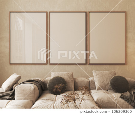 Contemporary classic white beige livingroom interior with three picture frame, wooden frames and dry plant. Empty stucco wall mockup. 3d rendering. High quality 3d illustration Contemporary classic white beige livingroom interior with three picture frame, wooden frames and dry plant. Empty stucco wall mockup. 3d rendering. High quality 3d illustration 106209360