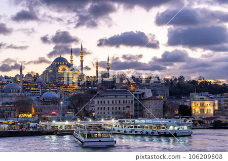Suleymaniye mosque in Sultanahmet district old town of Istanbul, Turkey, Sunset in Istanbul, Turkey with Suleymaniye Mosque, Beautiful sunny view of Istanbul with old mosque in Istanbul, Turkiye. Suleymaniye mosque in Sultanahmet district old town of Istanbul, Turkey, Sunset in Istanbul, Turkey with Suleymaniye Mosque, Beautiful sunny view of Istanbul with old mosque in Istanbul, Turkiye. 106209808