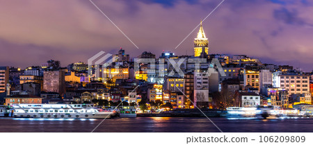 Galata Tower in Istanbul, Beautiful landmark Beyoglu district old houses with Galata tower, Turkey, Istanbul cityscape in Turkey with Galata Tower, Istanbul, Turkiye. 106209809