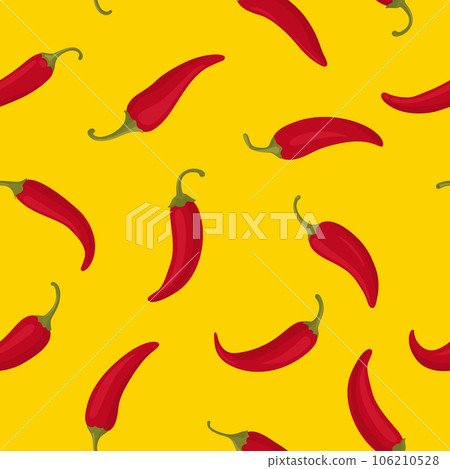Vector Seamless Pattern with Red Hot Chili Peppers on Yellow Background. Spicy Chili Hot or Bell Pepper, Design Template for Textile, Apparel, Wallpaper Print 106210528