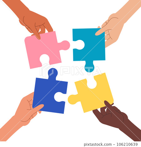 Multiple hands holding puzzle pieces 106210639