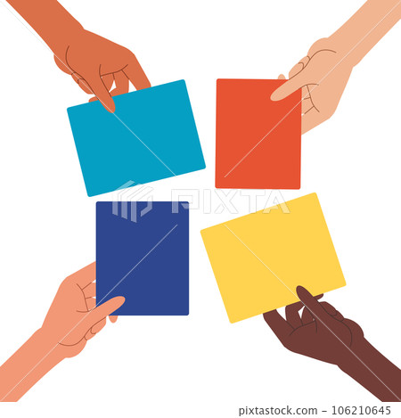 Multiple hands holding placards 106210645