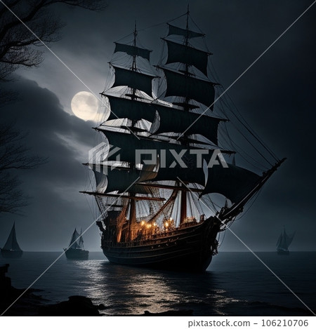 夜間漂浮在海上的帆船1 夜間漂浮在海上的帆船1 106210706