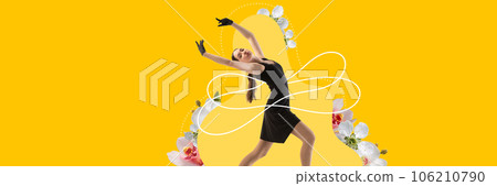 Contemporary art collage. Flexible, young woman in black dancing inside yellow circle with flowers and drawing elements. Banner for ad Contemporary art collage. Flexible, young woman in black dancing inside yellow circle with flowers and drawing elements. Banner for ad 106210790