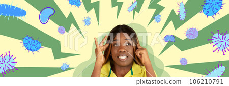 Contemporary art collage. Upset, scared african american woman fears approaching harmful bright bacterias of virus. Banner for ad Contemporary art collage. Upset, scared african american woman fears approaching harmful bright bacterias of virus. Banner for ad 106210791