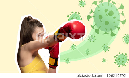 Contemporary art collage. Athletic, fit girl in boxing uniform, gloves fights with harmful bright bacteria. Contemporary art collage. Athletic, fit girl in boxing uniform, gloves fights with harmful bright bacteria. 106210792