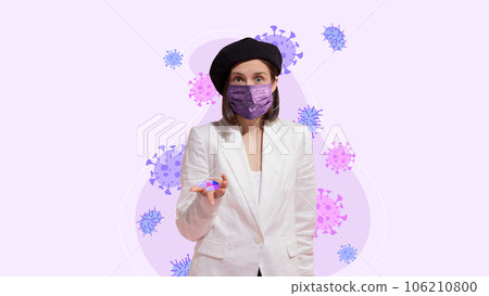 Contemporary art collage . young woman dressed casually with mask on face holding out hand with pills surrounded harmful bright bacterias of virus. Contemporary art collage . young woman dressed casually with mask on face holding out hand with pills surrounded harmful bright bacterias of virus. 106210800