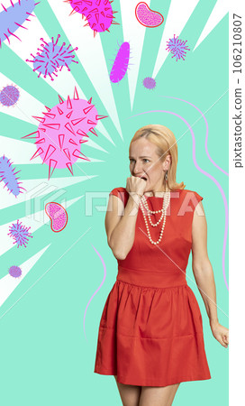 Contemporary art collage. Upset, scared woman wearing casual dress fears harmful bright bacterias of virus. Contemporary art collage. Upset, scared woman wearing casual dress fears harmful bright bacterias of virus. 106210807