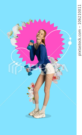Contemporary artwork. Attractive, fit woman dressed sporty doing exercises for muscles of hand with dumbbells surrounded flowers and drawing elements. 106210811