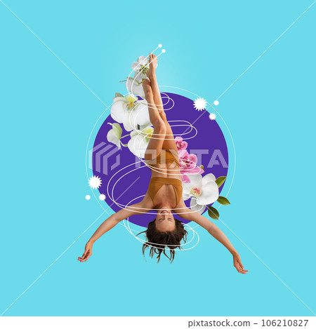 Contemporary art collage . Attractive, young fit woman in beige lingerie lying inside purple circle with orchids and drawing elements. 106210827