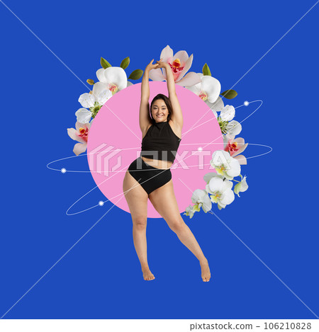 Contemporary artwork . Attractive, young overweight woman in black lingerie raising hands inside pastel pink circle with orchids. 106210828