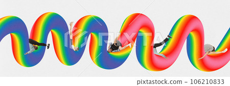 Contemporary art collage. Banner. Young people in strange poses lying in curves of gradient rainbow line. LGBTQ support. Human rights, freedom Contemporary art collage. Banner. Young people in strange poses lying in curves of gradient rainbow line. LGBTQ support. Human rights, freedom 106210833