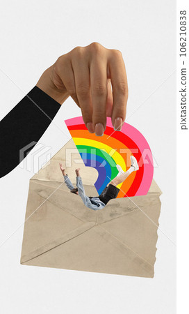 Contemporary art collage. Female hand puting colorful rainbow and man to envelop against white background. LGBTQ support. Human rights. Contemporary art collage. Female hand puting colorful rainbow and man to envelop against white background. LGBTQ support. Human rights. 106210838