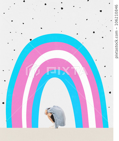 Contemporary art collage. Young upset man sitting with his hand on head under rainbow of blue, pink, white and colors. 106210846