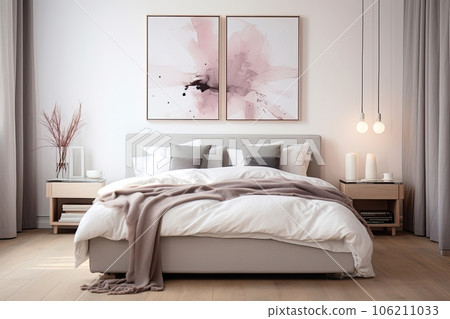Modern style bedroom interior warm and cozy with wooden decoration, Cozy beige tone stylish, furniture, comfortable bed, Minimal decor design background, with Generative Ai. 106211033