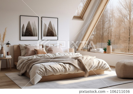 Modern style bedroom interior warm and cozy with wooden decoration, Cozy beige tone stylish, furniture, comfortable bed, Minimal decor design background, with Generative Ai. Modern style bedroom interior warm and cozy with wooden decoration, Cozy beige tone stylish, furniture, comfortable bed, Minimal decor design background, with Generative Ai. 106211036