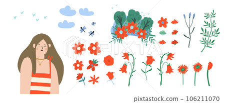Cute set of Clipart with girl character with spring flower wreath, flowers, clouds, leaves. Spring concept for collecting girly spring postcard. Spring mood Clipart in hand drawn style. Vector Cute set of Clipart with girl character with spring flower wreath, flowers, clouds, leaves. Spring concept for collecting girly spring postcard. Spring mood Clipart in hand drawn style. Vector 106211070