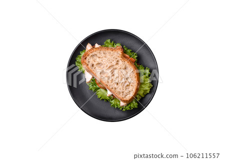 Fresh tasty sandwich with chicken, tomatoes and lettuce on a black plate 106211557