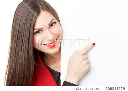 Pretty girl in red jacket posing in studio isolated on white 106211659