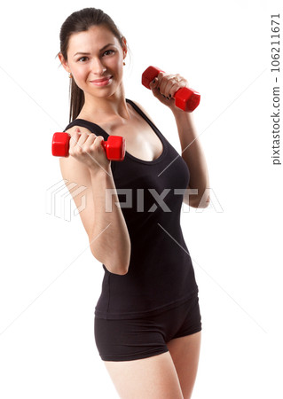 Smiling woman with beautiful body after diet, isolated on white with copyspace for text 106211671