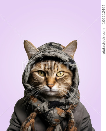 Funny cat in a hat and jacket on the background of a colored wall. 106212465
