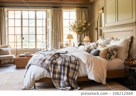 Bedroom decor, interior design and holiday rental, classic bed with elegant plush bedding and furniture, English country house and cottage style Bedroom decor, interior design and holiday rental, classic bed with elegant plush bedding and furniture, English country house and cottage style 106212889