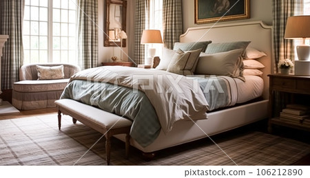 Bedroom decor, interior design and holiday rental, classic bed with elegant plush bedding and furniture, English country house and cottage style Bedroom decor, interior design and holiday rental, classic bed with elegant plush bedding and furniture, English country house and cottage style 106212890