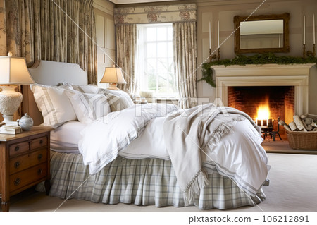 Bedroom decor, interior design and holiday rental, classic bed with elegant plush bedding and furniture, English country house and cottage style Bedroom decor, interior design and holiday rental, classic bed with elegant plush bedding and furniture, English country house and cottage style 106212891