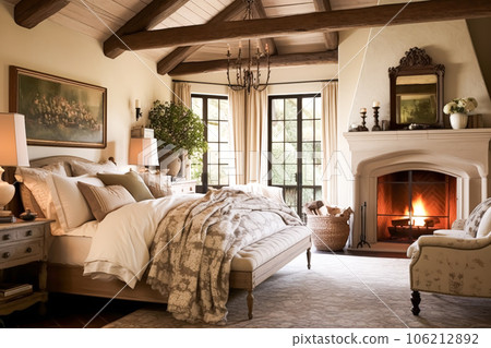 Bedroom decor, interior design and holiday rental, classic bed with elegant plush bedding and furniture, English country house and cottage style Bedroom decor, interior design and holiday rental, classic bed with elegant plush bedding and furniture, English country house and cottage style 106212892